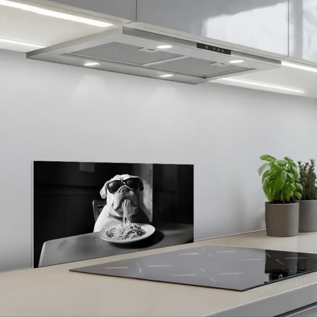 Hond - Bulldog - Pasta - Bril - Stoer - Dieren keuken achterwand spatscherm klein -3d_schuin