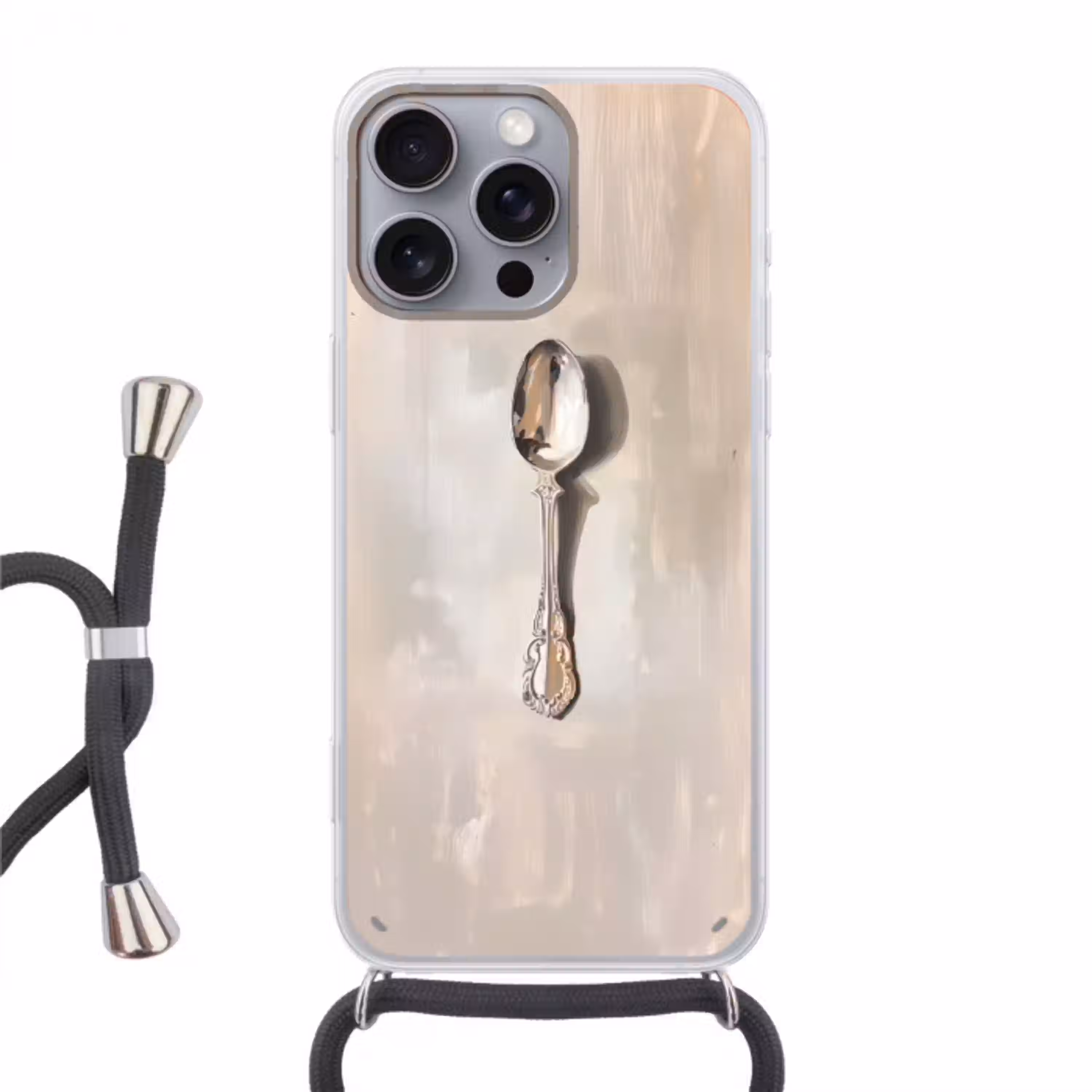 Lepel - Verf - Zilver Hoesje iPhone 16 Pro Max met koord klein -3d
