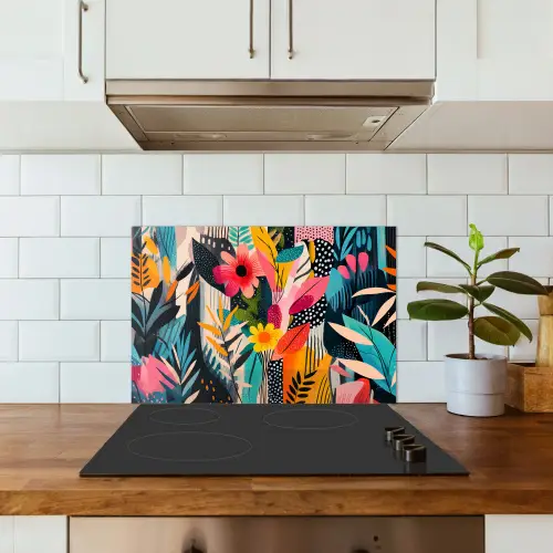 Schilderij - Abstract - Bloemen - Roze keuken achterwand spatscherm klein -sfeer2