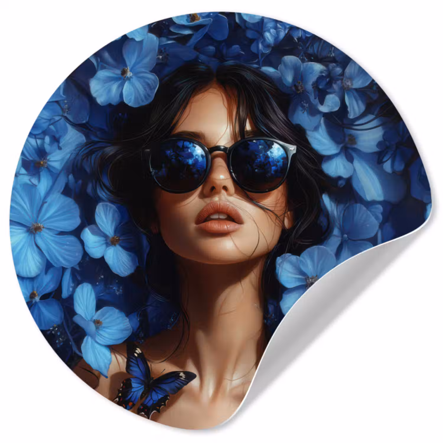 Behangcirkel - Vrouw - Blauw - Bloemen - Vlinders - Natuur