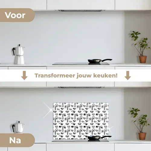 Gezicht - Zwart - Lijnen - Artistiek keuken achterwand spatscherm klein 900 -voor_na_NL