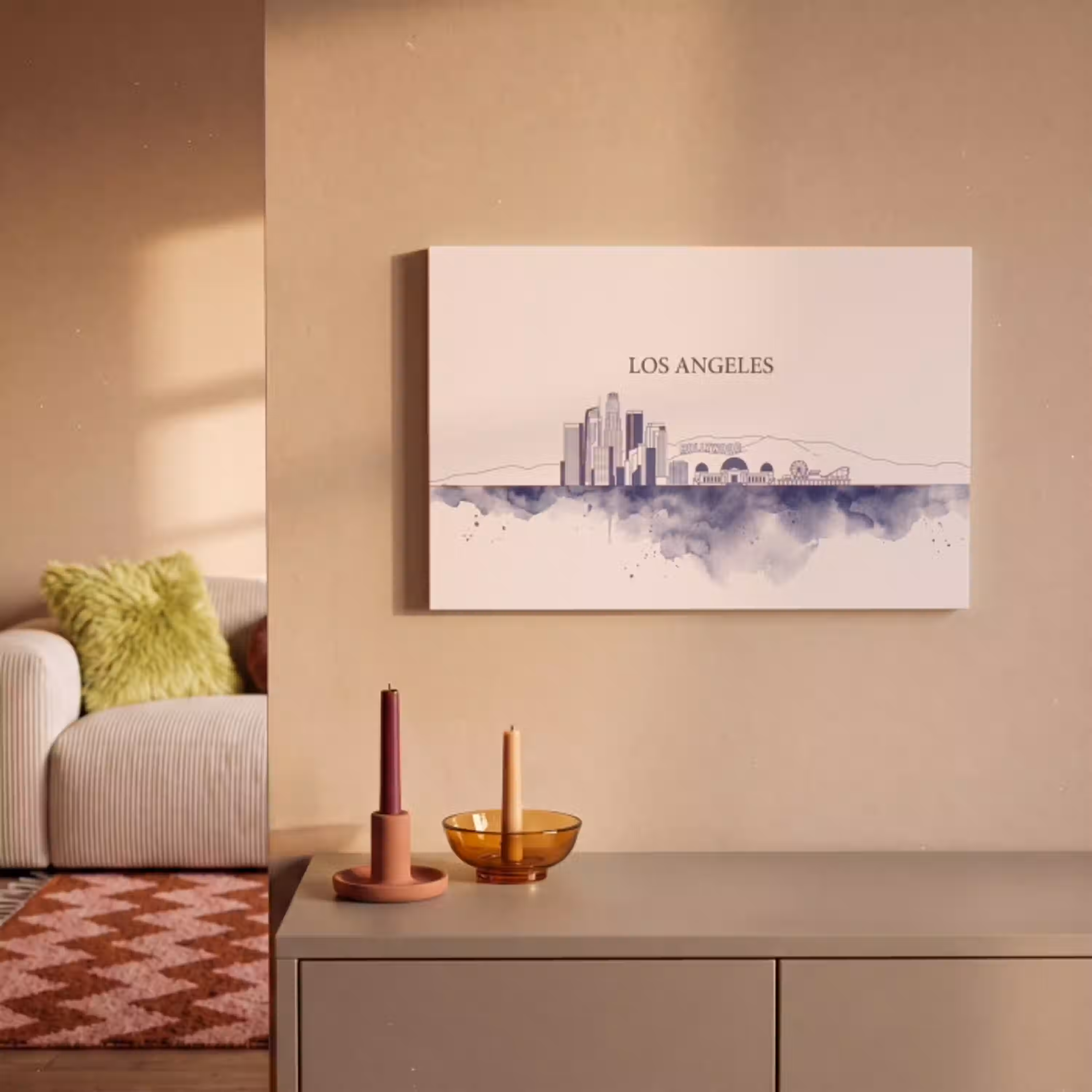 Los Angeles - Skyline - Architectuur - Aquarel - Blauw canvas 2cm klein -sfeer1