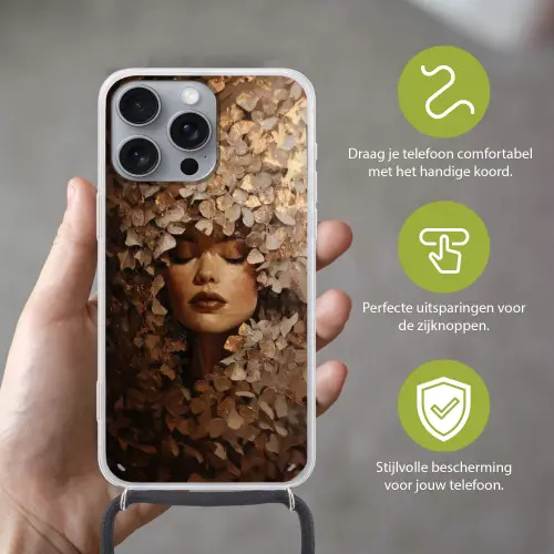 Gezicht - Vrouwe - Bladeren - Penseelstreken Hoesje iPhone 16 Pro Max met koord klein -sfeer2_NL