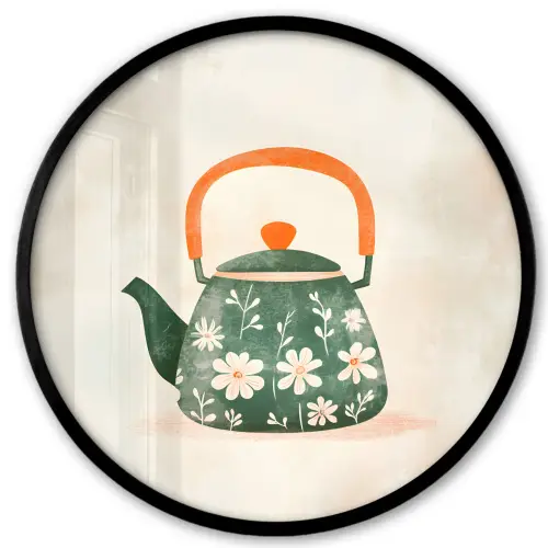 Theepot - Groen - Bloemen - Oranje Fotolijst rond zonder passe partout klein -3d