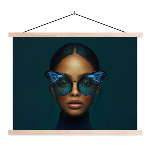 Vrouw - Vlinder - Bril - Blauw - Modern - Portret textielposter latten blank klein -3d