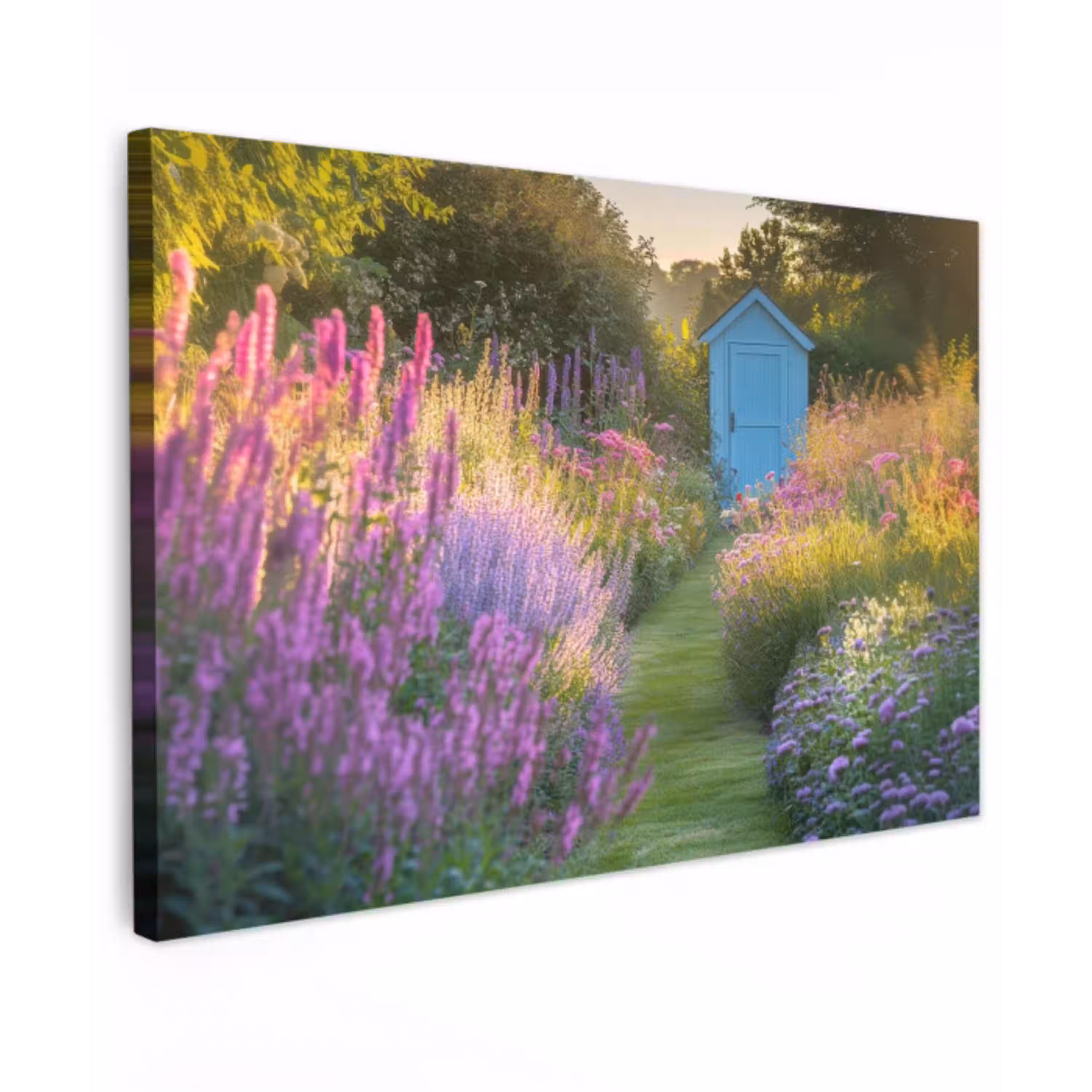 Tuinhuisje - Blauw - Bloemen Tuinposter op houten frame 2 cm dik klein -3d