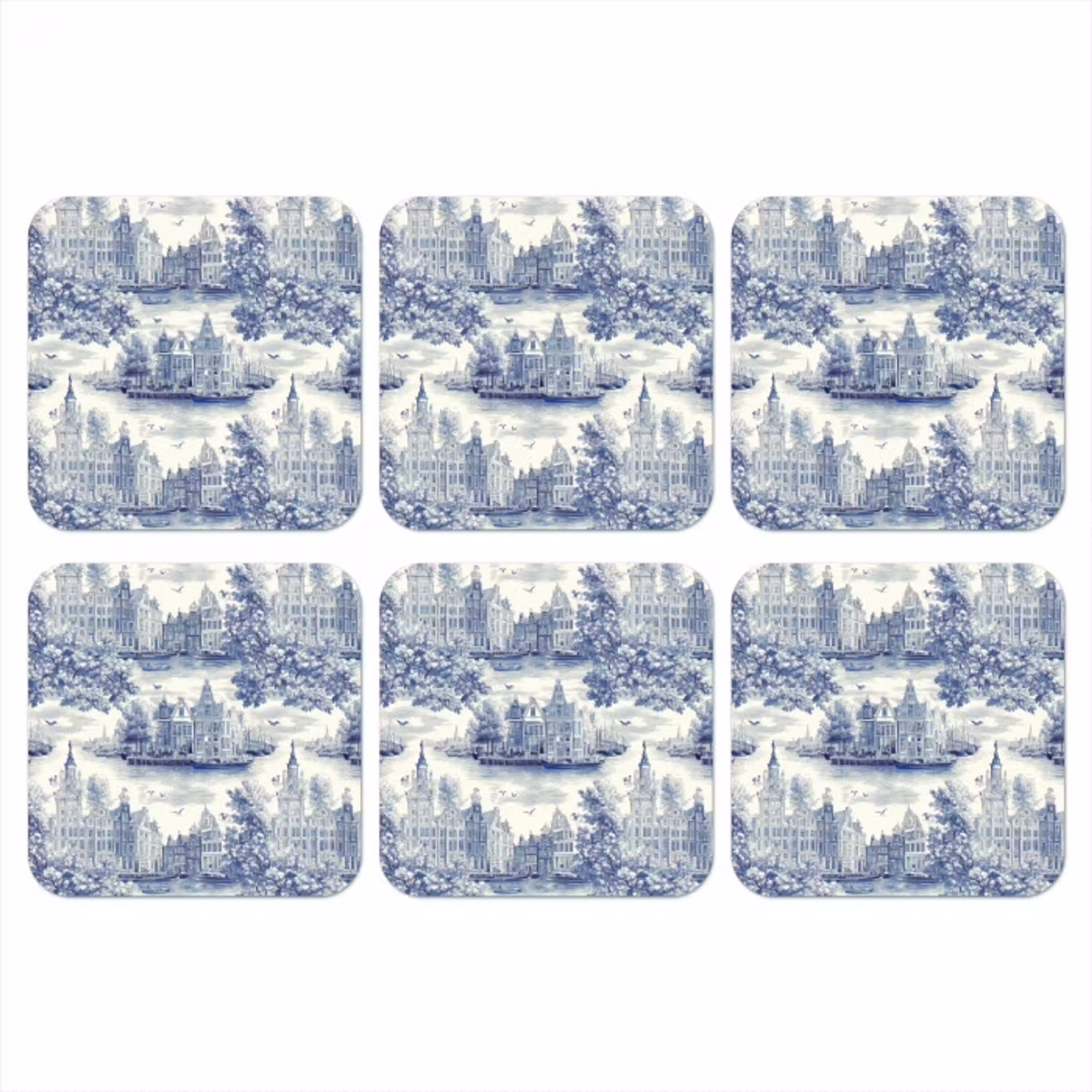 Huizen - Bomen - Water - Vogels - Blauw onderzetter kurk middel 366 -3d