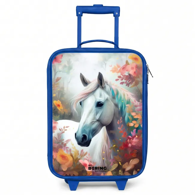 Kids’ Suitcase - Blue - White horse surrounded by flowers