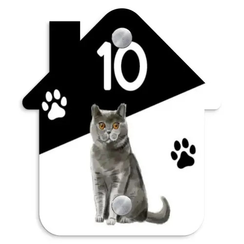 Zwart wit - Huisdier - Grijze kat Naambord Huisje klein -3d