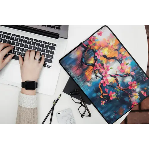Bloemen - Tak - Artistiek - Roze laptophoes neopreen klein -bureau