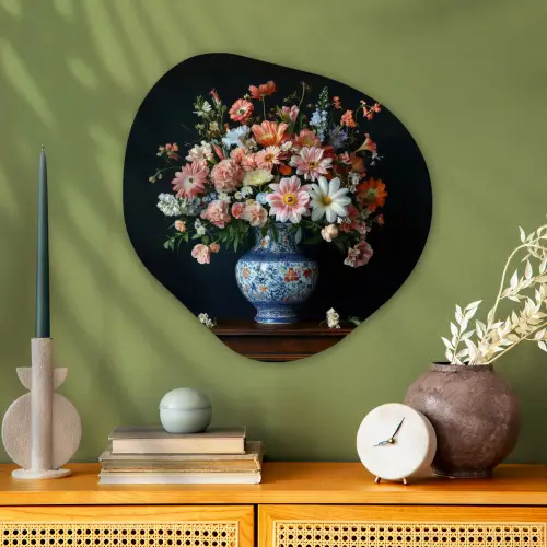 Hout - Vaas - Kleuren - Bloemen Wandcirkel Organisch Plexiglas middel -sfeer2