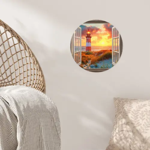Doorkijk - Raam - Vuurtoren - Zonsondergang - Strand Wandcirkel behangsticker klein -sfeer4