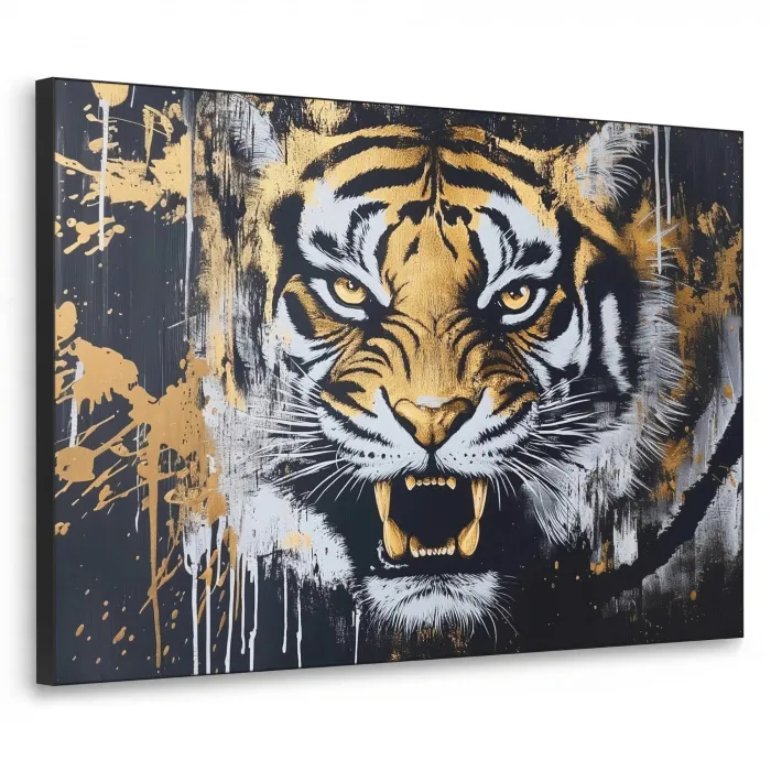 Tijger - Verfspatten - Goud Textielframe zwart klein -3d