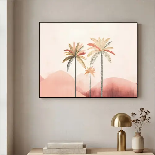 Palmbomen - Heuvels - Minimalistisch - Zachtroze Textielframe - compleet frame klein -sfeer2