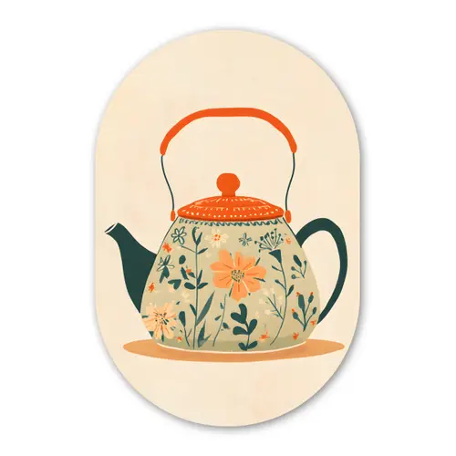 Oranje - Theepot - Bloemen - Bladeren Wandcirkel Ovaal Glas middel -3d