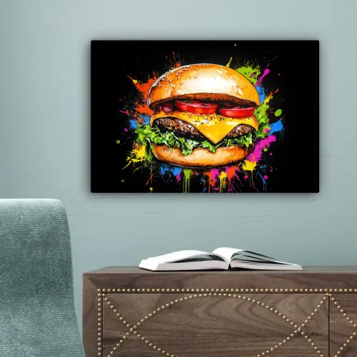 Hamburger - Graffiti - Verf - Kleurrijk - Eten - Abstract canvas 2cm klein -sfeer4