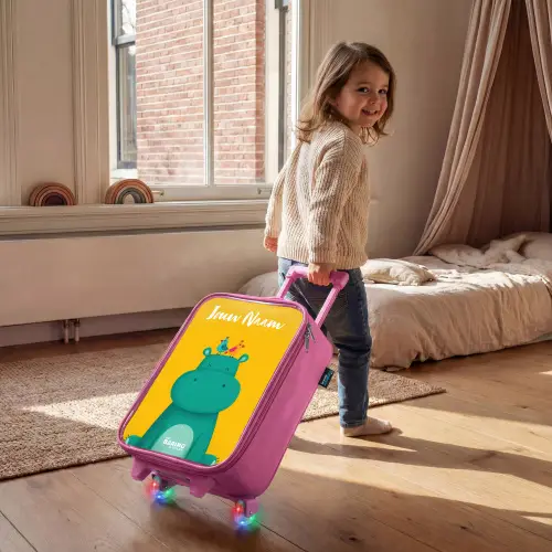 Nijlpaard - Vogels - Geel Kinderkoffer - Roze klein -sfeer1
