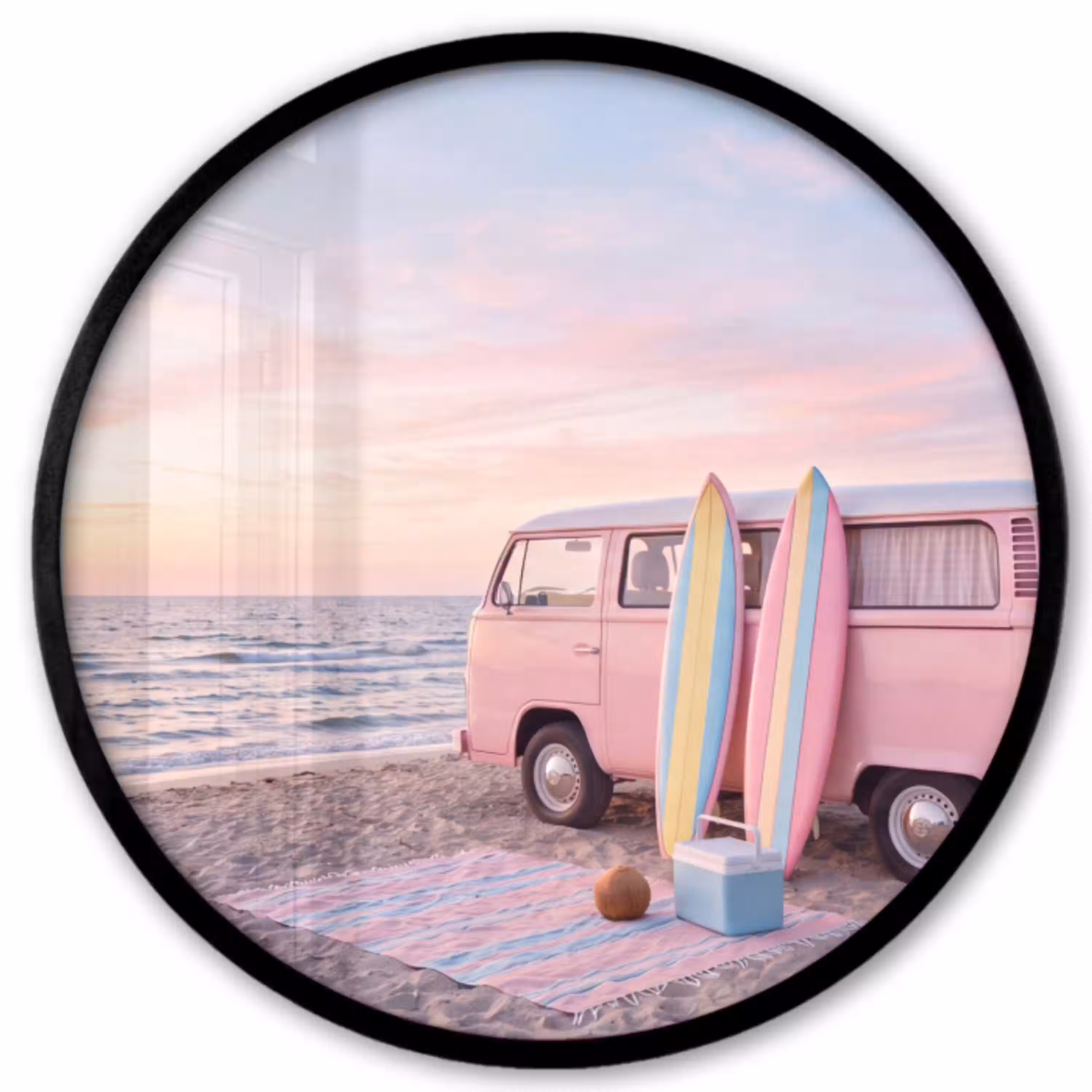 Busje - Strand - Surfplank - Zomer - Roze Fotolijst rond zonder passe partout klein -3d