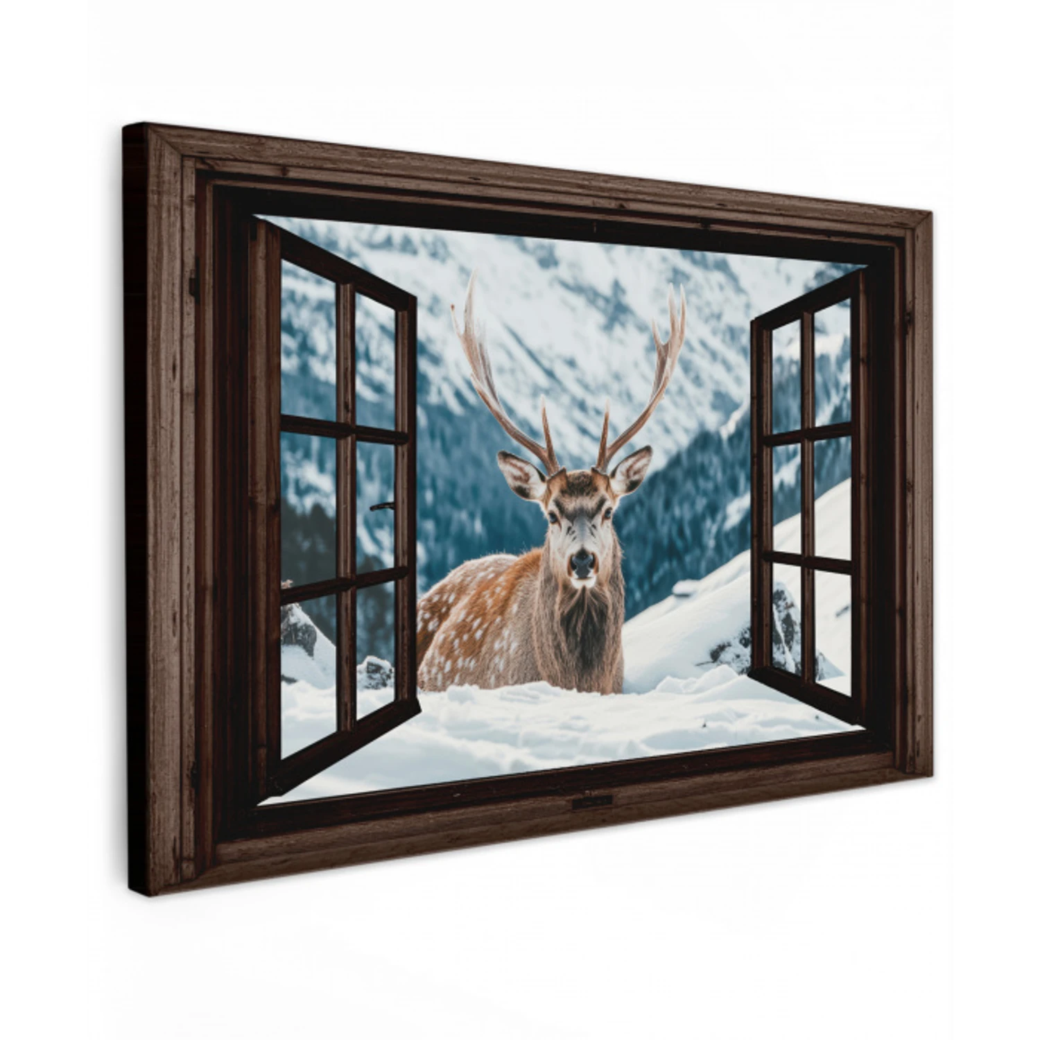Hert - Landschap - Winter - Natuur - Dieren - Doorkijk - Bergen Tuinposter op houten frame 2 cm dik klein -3d