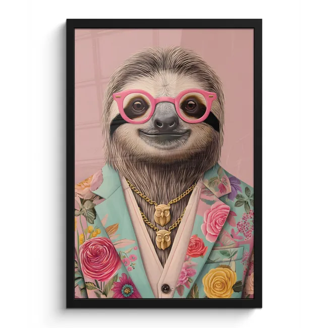 Poster met lijst - Luiaard - Bloemenprint - Bril - Roze