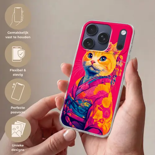 Kat - Kimono - Bloemen - Roze Telefoonhoesje iPhone 17 Pro klein -sfeer3_NL