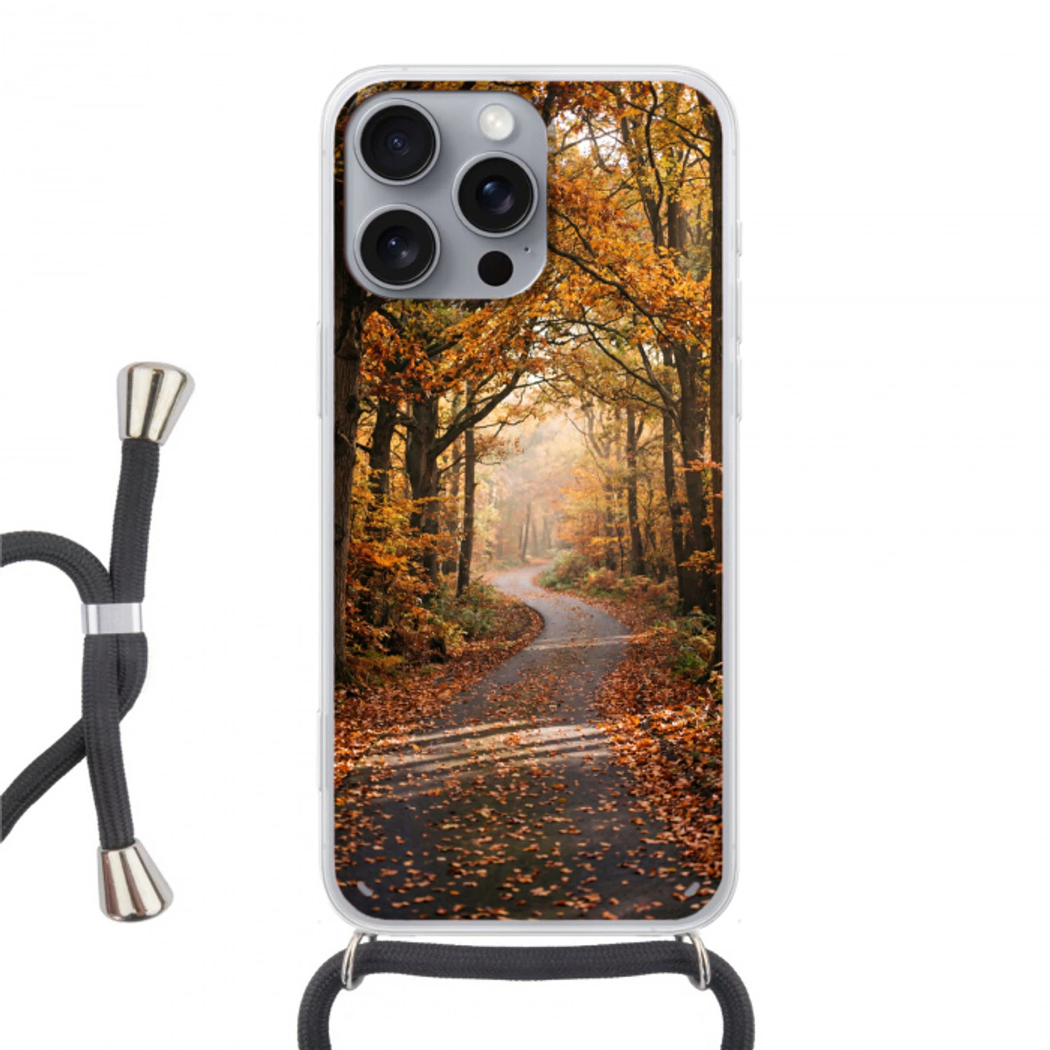 Bospad - Herfstbos - Bladeren - Oranje - Nostalgisch Hoesje iPhone 16 Pro Max met koord klein -3d