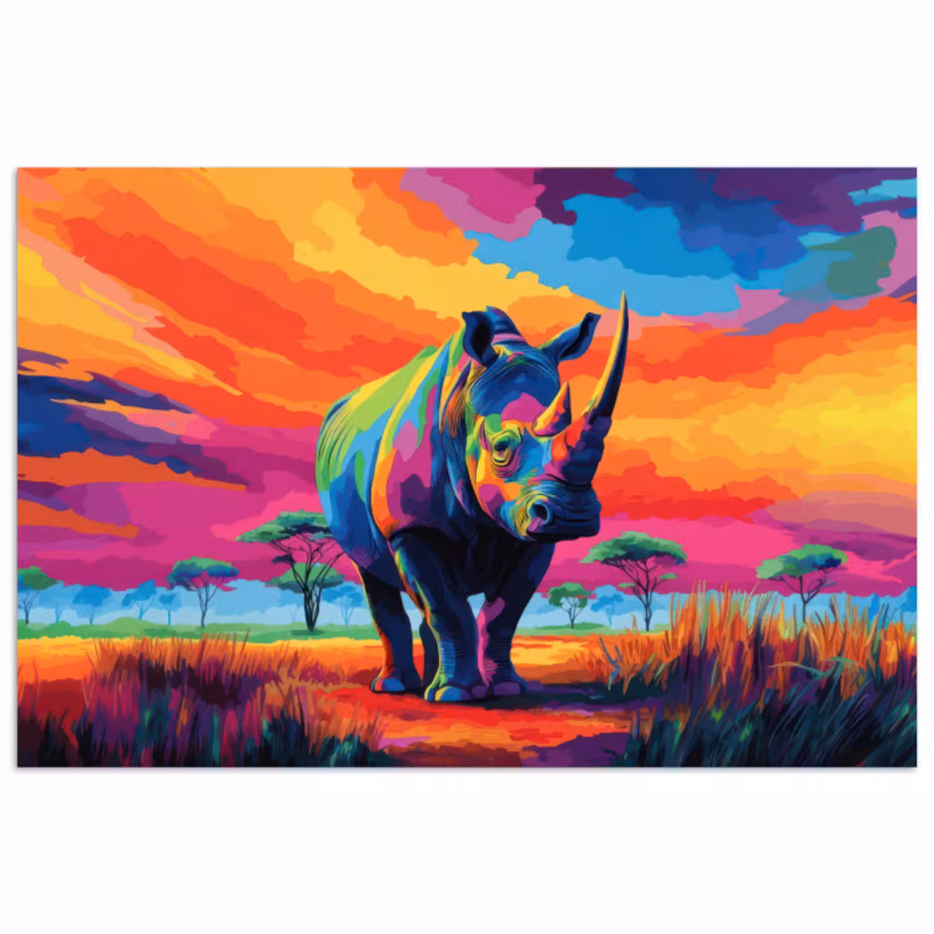 Neushoorn - Zonsondergang - Savanna - Kleurrijk poster papier klein -3d