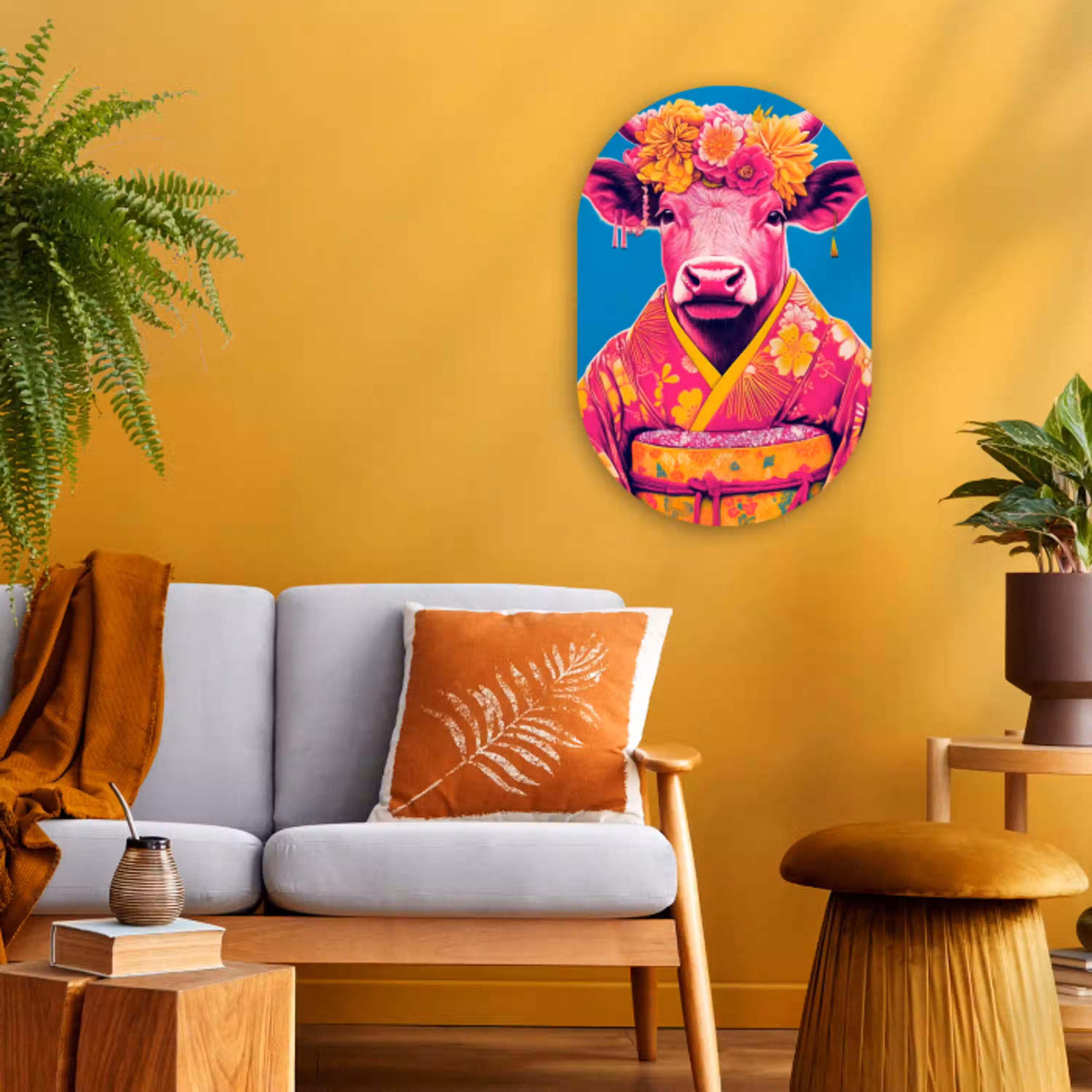 Koe - Bloemenkrans - Oorhangers - Kimono Wandcirkel Ovaal Forex klein -sfeer4