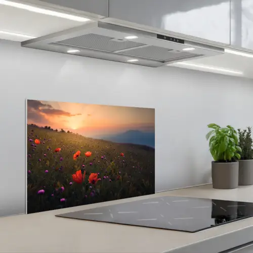 Bloemenveld - Gras - Bloemen - Planten - Zonsondergang - Oranje keuken achterwand spatscherm klein -3d_schuin