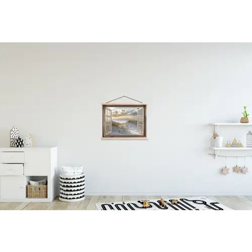 Doorkijk - Strand - Duinen - Zee - Natuur textielposter latten blank klein -kinderkamer