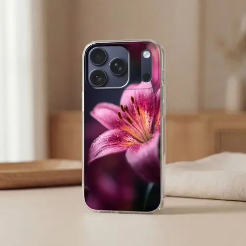 Roze - lelie - Dauwdruppels Telefoonhoesje iPhone 17 Pro klein -sfeer2