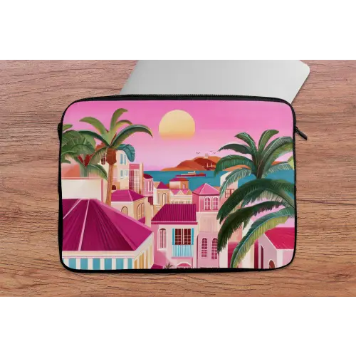 Stad - Roze - Palmbomen laptophoes neopreen klein -tafel