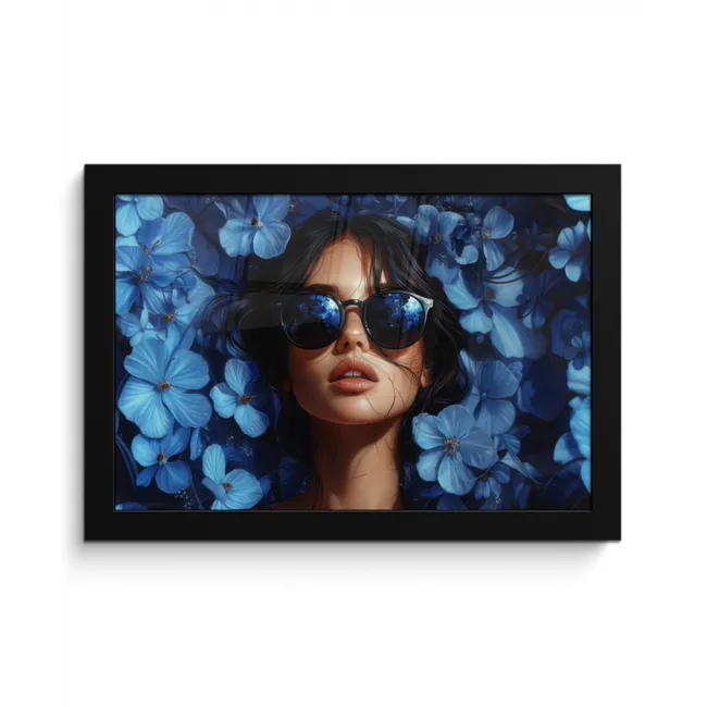 Vrouw - Blauw - Bloemen - Vlinders - Natuur fotolijst zwart zonder passe partout klein -3d