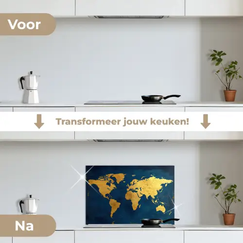 Wereldkaart - Goud - Donkerblauw keuken achterwand spatscherm klein -voor_na_NL