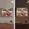 Vrouw - Kat - Bloemen - Kopje - Retro Light Box met batterij (Wandlamp) middel -sfeer3
