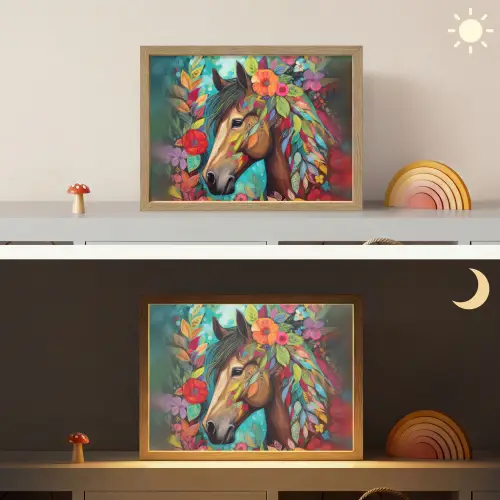Paard - Bloemen - Schilderij - Natuur - Verf Light Box met batterij (Wandlamp kind) middel -sfeer3_kind