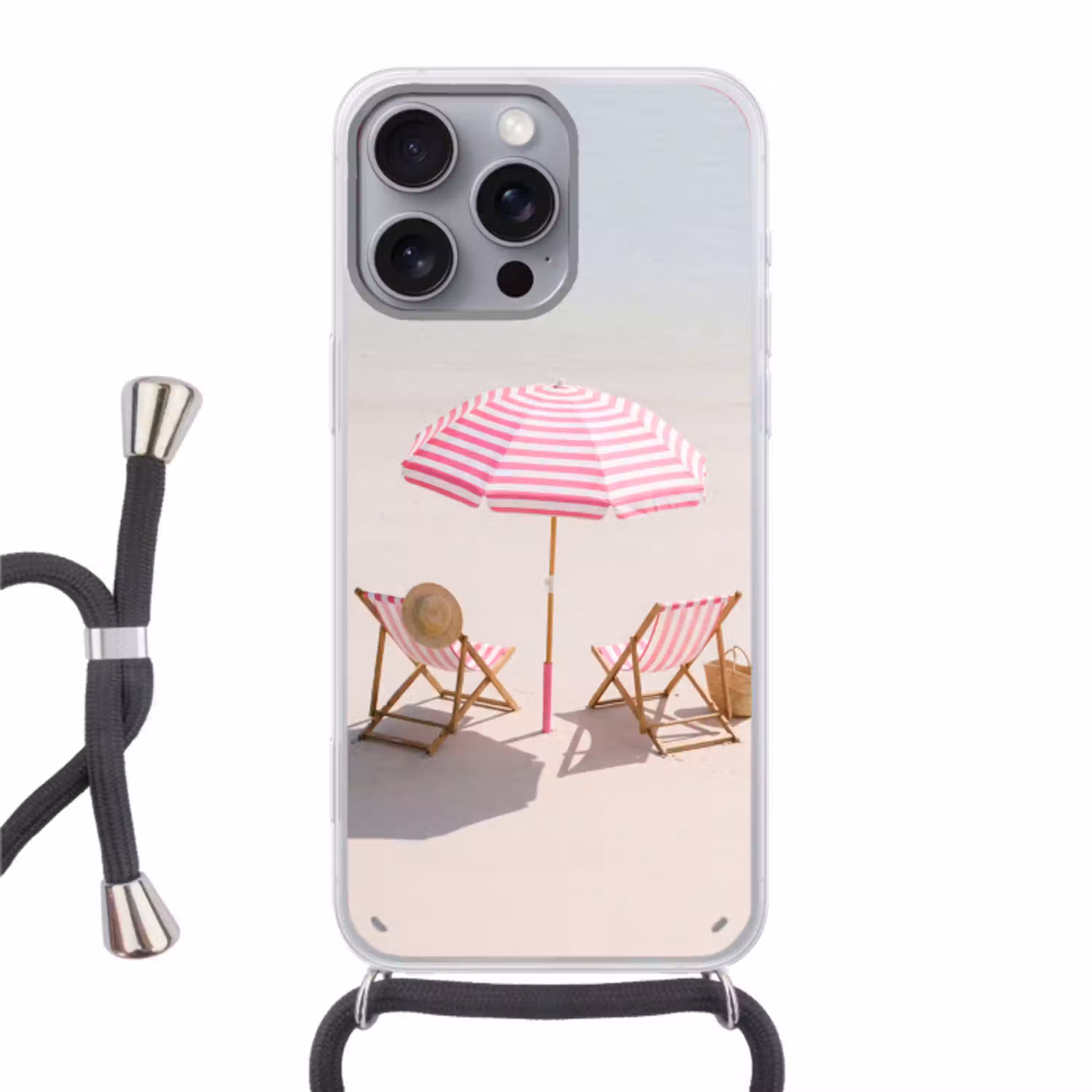 Strand - Parasol - Ligstoel - Zomer - Roze Hoesje iPhone 16 Pro Max met koord klein -3d
