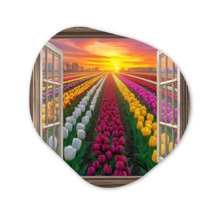 Doorkijk - Bloemen - Tulpen - Kleurrijk - Zonsondergang Wandcirkel Organisch Aluminium middel -3d