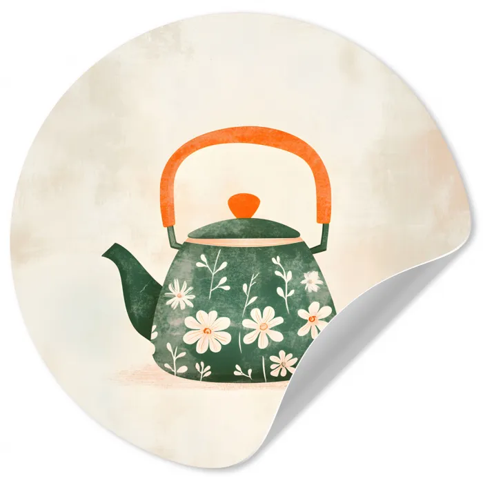 Theepot - Groen - Bloemen - Oranje Wandcirkel behangsticker klein -3d