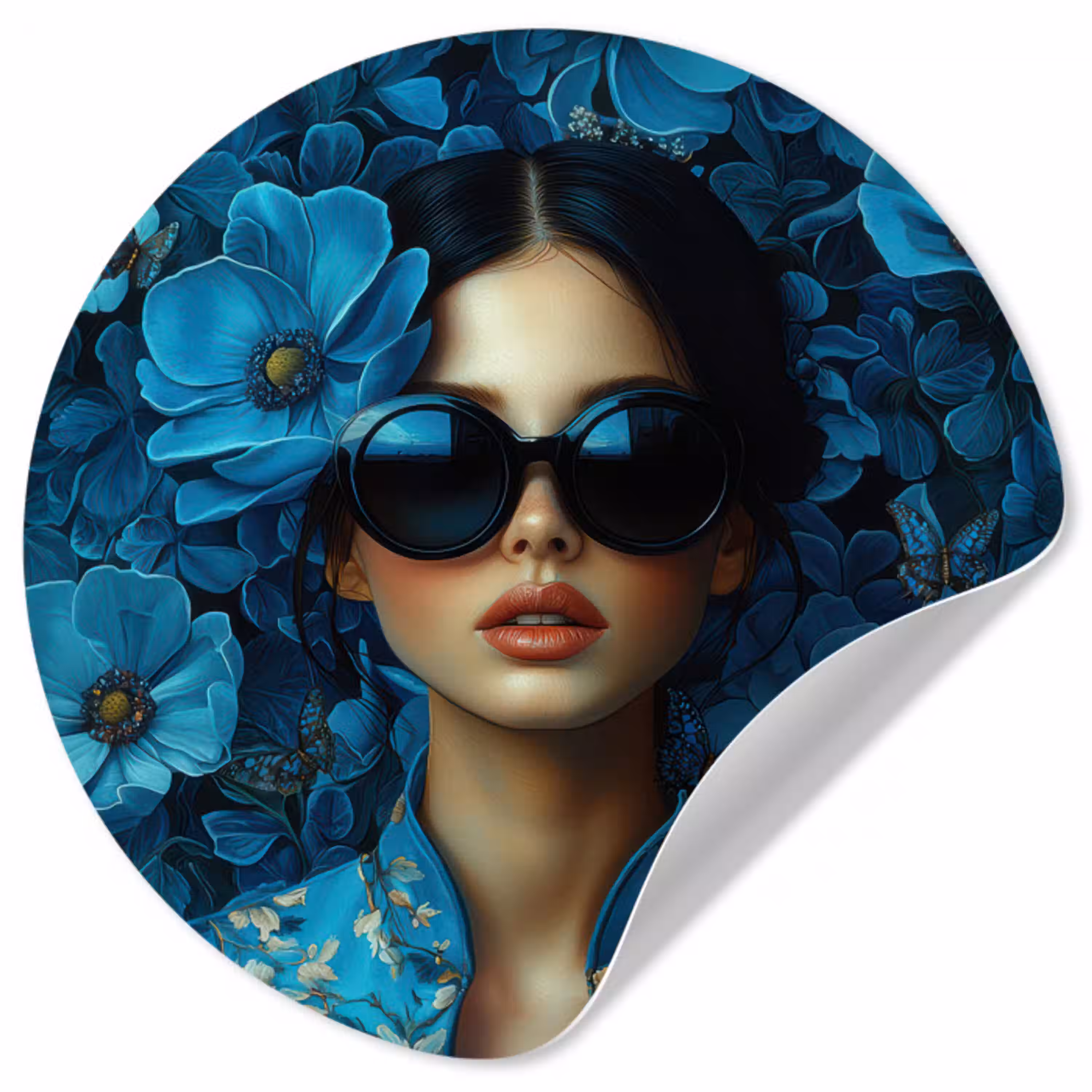 Vrouw - Bloemen - Blauw - Aesthetic - Luxe Wandcirkel behangsticker klein -3d
