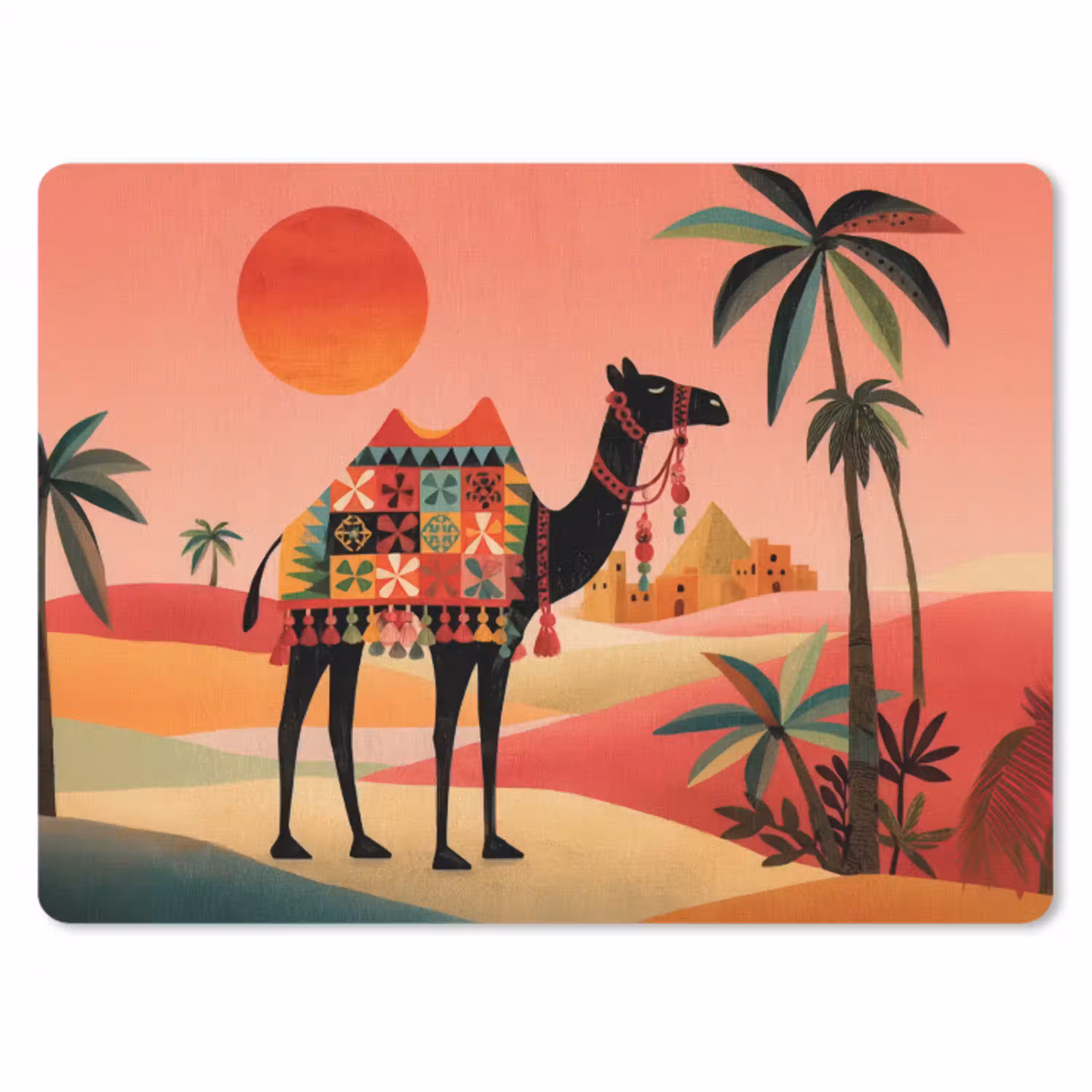 Kameel - Gekleurd tapijt - Duinen - Rode zon muismat rubber klein -3d