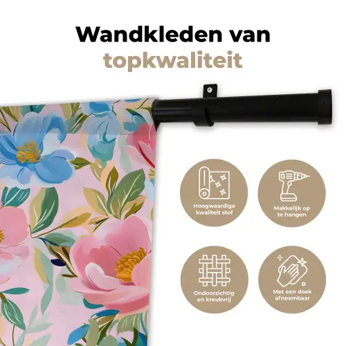 Blauw - Roze - Bloemen Wandkleed katoen klein -sfeer2