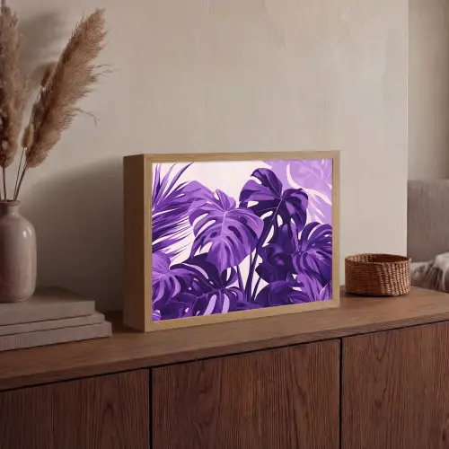 Bladeren - Paars - Tropisch - Abstract Light Box met batterij (Wandlamp) middel -sfeer2