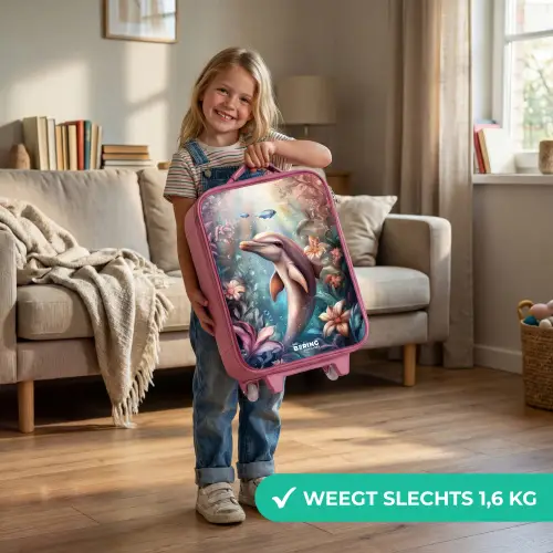 Dolfijn en vissen in onderwater bloemenwereld Kinderkoffer - Roze klein -sfeer2_NL