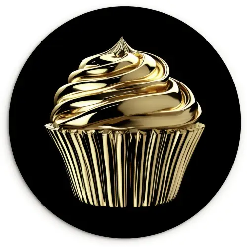 Cupcake - Eten - Goud - Zwart Wandcirkel kunststof plaat 5mm dik klein -3d