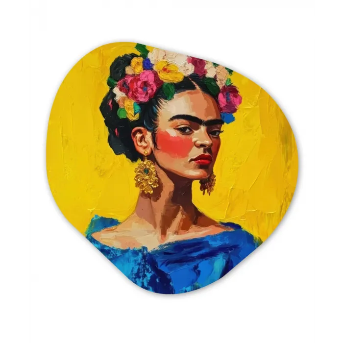 Frida Kahlo - Vrouw - Geel - Blauw - Bloemen Wandcirkel Organisch Forex 3mm klein -3d
