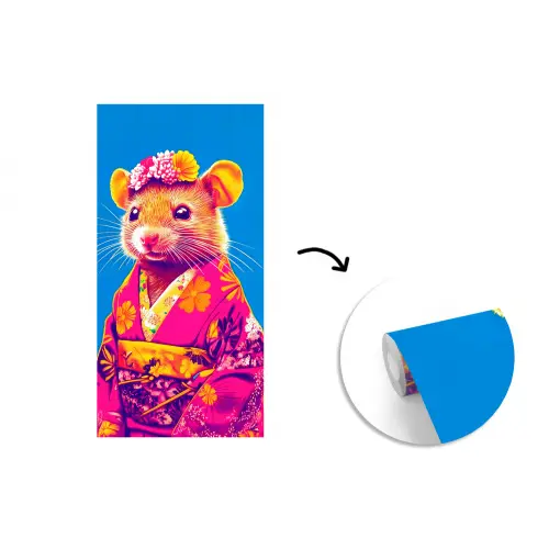 Muis - Kimono - Bloemen - Blauw fotobehang vinyl groot -3d