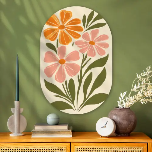 Minimalistisch - Bloemen - Bladeren - Roze Wandcirkel Ovaal Glas middel -sfeer2
