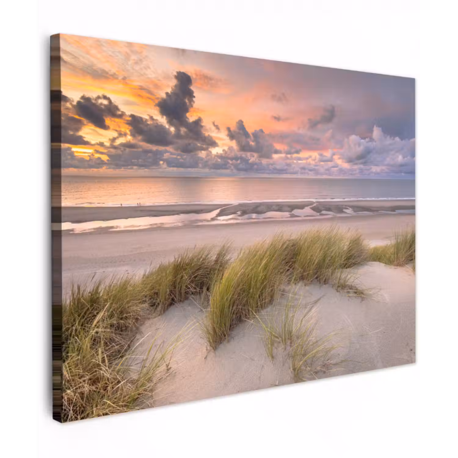 Leinwandbild - Sonnenuntergang - Düne - Strand - Pflanzen - Meer