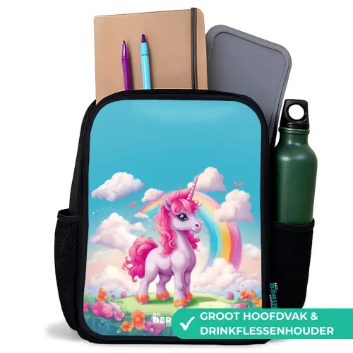 Vrolijke eenhoorn bij een regenboog Rugzak - Zwart middel -inhoud_NL